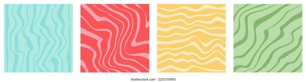 Wavy lines square templates set. 1970 retro groovy liquid lines background. Swirl psychedelic trippy textures. Aesthetic electric inspired strips. Vector illustration.