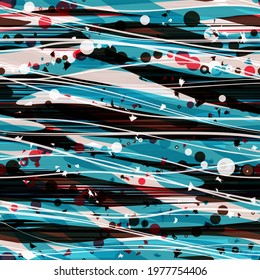 Wavy lines, stripes, bubbles. Blue, red seamless pattern with sea effect. Abstract vector background for web page, banners backdrop, fabric, home decor, wrapping
