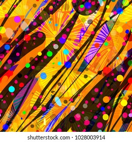 Wavy lines and stylized flowers. Black, orange, violet pattern with color inclusion. Seamless texture. Abstract vector background for web page, banners backdrop, fabric, home decor, wrapping