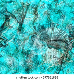 Wavy lines twisted into a spiral, colored spots, stylized leaves and feathers. Background sea green. Abstract seamless pattern. Easy editing. Vector