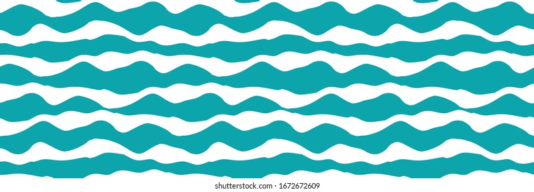 Wavy lines vector seamless border. Chunky uneven wide horizontal sea wave banner. Abstract marine geometric repeat pattern ribbon trim, washi tape. For nautical, water, ocean concept.