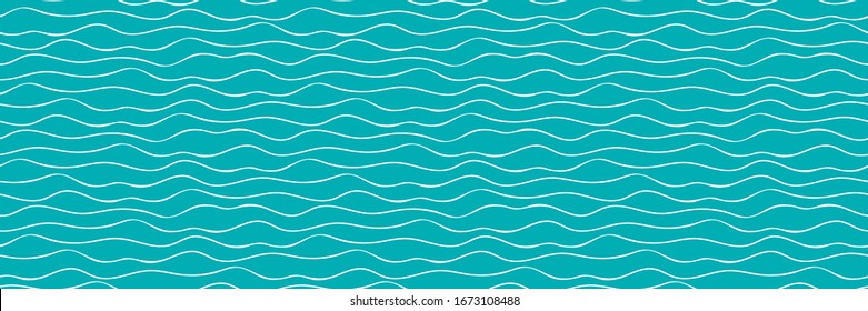 Wavy lines vector seamless border. Thin hand drawn uneven doodle style horizontal sea wave banner. Abstract marine geometric repeat pattern ribbon trim washi tape. For nautical, water, ocean concept.