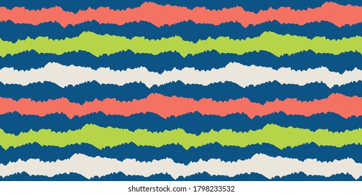 Wavy lines vector seamless border. Chunky uneven wide horizontal wavy stripe banner. Striped geometric repeat in neon red, green, white, blue. Vibrant design for beach, vacation, ocean concept