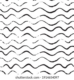 Vector seamless pattern, black thin wavy lines on white backdrop