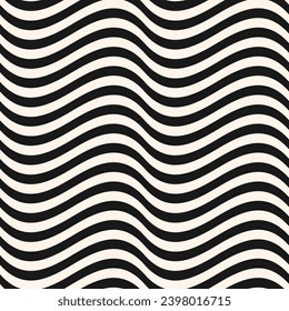 Сurved wavy lines vector seamless pattern. Simple texture with black and white waves, stripes. Dynamic 3D effect, illusion of movement. Abstract ripple background, flow, fluid surface. Repeat design