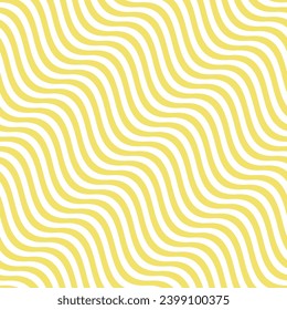 Сurved wavy lines vector seamless pattern. Simple texture with diagonal yellow and white waves, stripes. Abstract ripple background, flow, fluid surface, illusion of movement. Repeated funky design