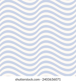 Сurved wavy lines vector seamless pattern. Simple texture with blue and white waves, stripes.  Abstract ripple background, flow, fluid surface, water, sea,  illusion of movement. Repeated geo design