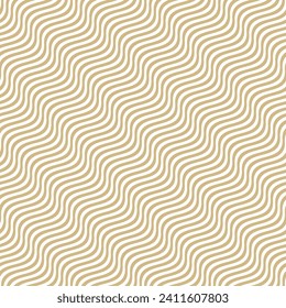 Сurved wavy lines vector seamless pattern. Simple texture with diagonal gold and white waves, stripes. Abstract ripple background, flow, fluid surface, illusion of movement. Repeated golden design