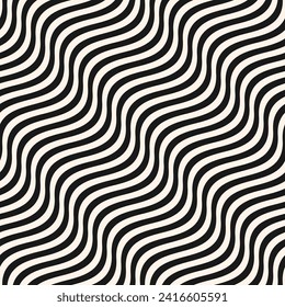 Сurved wavy lines vector seamless pattern. Simple texture with diagonal black and white waves, stripes. Abstract ripple background, flow, fluid surface, illusion of movement. Repeat monochrome design