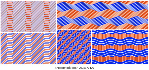 Wavy lines water seamless pattern vector set, 3D dimensional endless background wallpaper design image, geometric stripy curved tillable texture collection.