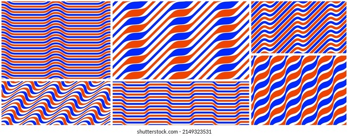 Wavy lines water seamless pattern vector set, 3D dimensional endless background wallpaper design image, geometric stripy curved tillable texture collection.