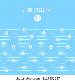 Wavy lines, waves, pinstripes with circles and drops, tears. Seamless horizontal border. Spray texture, chaotic uneven spots, dots, specks, flecks background. Undulating, winding bars, stripes.