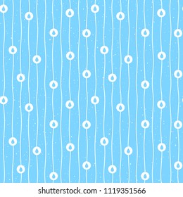 Wavy lines, waves, pinstripes with circles and drops, tears. Seamless vector pattern. Spray texture, chaotic uneven spots, dots, specks, flecks background. Undulating, winding bars, stripes, streaks.