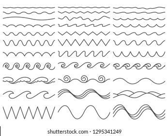 Wavy lines. Wiggly border, curved sea wave and seamless billowing ocean waves. Wiggle parallel waves, squiggle horizontal wave border. Vector illustration isolated icons set