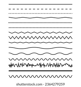 Wavy lines and zig zag line. small to big lines. wavy pattern. Squiggle zig zag frame with wiggle. Curvy undulate parallel borders. Curve sinuous stroke with sine.