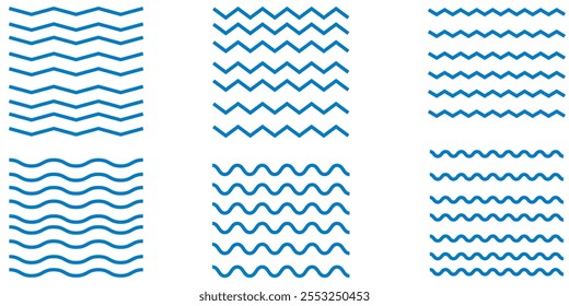 Wellenlinien und Zickzacklinien. kleine bis große Linien. gewelltes Muster. Wellenlinie und wellenförmige Zickzacklinien. Schwarz unterstreicht wellenförmige Kurve Zickzack-Linienmuster in abstraktem Stil. Entwurf 10