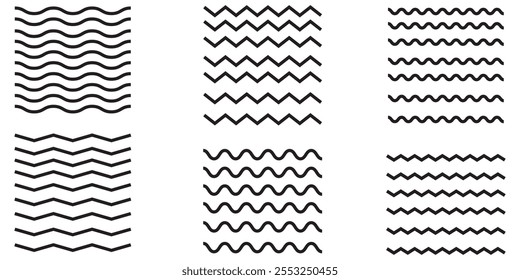 Wellenlinien und Zickzacklinien. kleine bis große Linien. gewelltes Muster. Wellenlinie und wellenförmige Zickzacklinien. Schwarz unterstreicht wellenförmige Kurve Zickzack-Linienmuster in abstraktem Stil. Entwurf 10