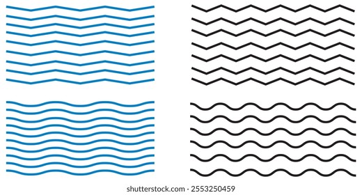 Wellenlinien und Zickzacklinien. kleine bis große Linien. gewelltes Muster. Wellenlinie und wellenförmige Zickzacklinien. Schwarz unterstreicht wellenförmige Kurve Zickzack-Linienmuster in abstraktem Stil. Entwurf 10