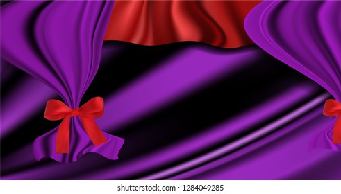 Wavy luxury lilac satin curtain background. Vector purple silk fabric texture or elegant violet soft cotton pattern