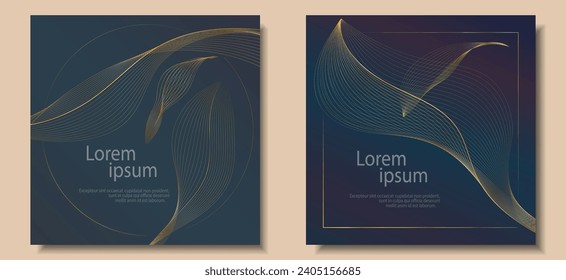 wavy luxury line frame card, golden dynamic square background, posts, design template set. Art deco abstract pattern, packaging design. gold ocean wave style