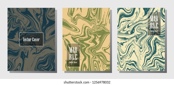 Wavy marble prints, vector cover design templates. Fluid marble stone texture iInteriors fashion magazine backgrounds  Corporate journal patterns set of liquid paint waves. Flyers, banners set.