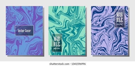Wavy marble prints, vector cover design templates. Fluid marble stone texture iInteriors fashion magazine backgrounds  Corporate journal patterns set of liquid clay waves. Report covers.