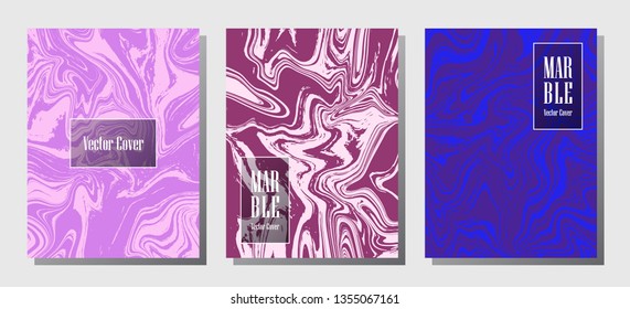 Wavy marble prints, vector cover design templates. Fluid marble stone texture iInteriors fashion magazine backgrounds  Corporate journal patterns set of liquid clay waves. Cover pages set.