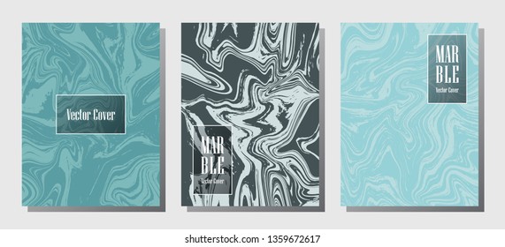Wavy marble prints, vector cover design templates. Fluid marble stone texture iInteriors fashion magazine backgrounds  Corporate journal patterns set of liquid oil waves. Report covers.