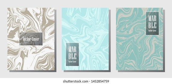 Wavy marble prints, vector cover design templates. Fluid marble stone texture iInteriors fashion magazine backgrounds  Corporate journal patterns set of liquid oil waves. Brochure covers set.