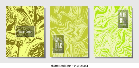 Wavy marble prints, vector cover design templates. Fluid marble stone texture iInteriors fashion magazine backgrounds Corporate journal patterns set of liquid ink waves. Notebook prints set.