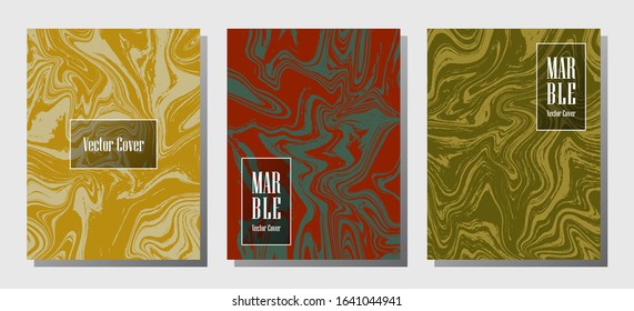 Wavy marble prints, vector cover design templates. Fluid marble stone texture iInteriors fashion magazine backgrounds  Corporate journal patterns set of liquid oil waves. Flyers, banners set.