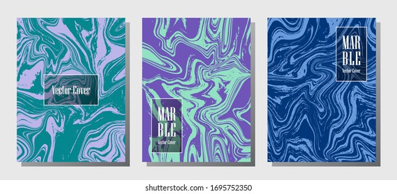 Wavy marble prints, vector cover design templates. Fluid marble stone texture iInteriors fashion magazine backgrounds  Corporate journal patterns set of liquid oil waves. Brochure covers set.