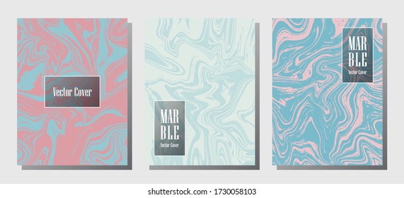 Wavy marble prints, vector cover design templates. Fluid marble stone texture iInteriors fashion magazine backgrounds  Corporate journal patterns set of liquid paint waves. Flyers, banners set.