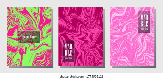 Wavy marble prints, vector cover design templates. Fluid marble stone texture iInteriors fashion magazine backgrounds  Corporate journal patterns set of liquid clay waves. Notebook prints set.