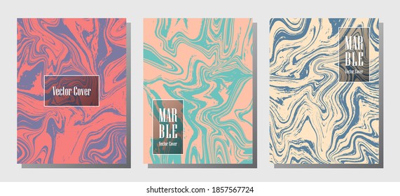 Wavy marble prints, vector cover design templates. Fluid marble stone texture iInteriors fashion magazine backgrounds  Corporate journal patterns set of liquid oil waves. Report covers.