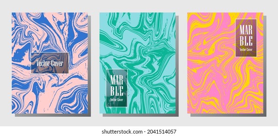 Wavy marble prints, vector cover design templates. Fluid marble stone texture iInteriors fashion magazine backgrounds  Corporate journal patterns set of liquid paint waves. Invitation cards set.