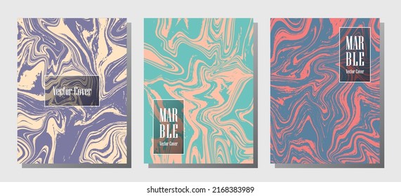 Wavy marble prints, vector cover design templates. Fluid marble stone texture iInteriors fashion magazine backgrounds  Corporate journal patterns set of liquid oil waves. Flyers, banners set.
