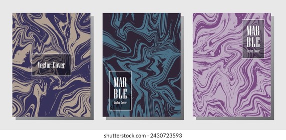 Impresiones de mármol ondulado, plantillas de diseño de portada vectorial. Textura de piedra de mármol fluido iInteriors fondos de revista de moda Patrones de diario corporativo conjunto de ondas de aceite líquido. Portadas del informe.