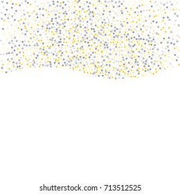 Wavy metallic confetti background of random scatter golden and silvery circles, squares, stars, triangles and pentagons isolated on white.