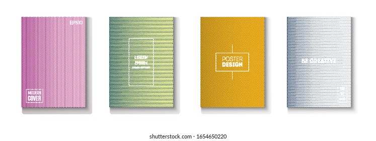 Conjunto de vectores de tapa mínima ondulada. Carpeta de trabajo de superposición de degradado texturizado. Afiche musical Neon de los años 80. Página Revista Ligera. Fondo de Tecnología Genial. Juego de tapas mínimas. Diseño moderno de textura de volante.