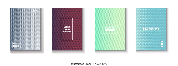 Conjunto de vectores de tapa mínima ondulada. Fondo de tecnología genial. Página Revista Ligera. Carpeta de trabajo de superposición de degradado texturizada. Diseño moderno de textura de volante. Juego de tapas mínimo. Afiche de Neon Music de los años 80.