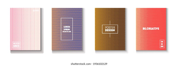 Conjunto de vectores de tapa mínima ondulada. Diseño moderno de papel de volante. Carpeta de trabajo de superposición de degradado de patrones. Papel tapiz de tecnología genial. Afiche de Neon Music de los años 80. Juego de tapas mínimo. Página De Revista De Moda.