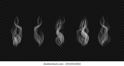 Wavy mist cloud, hot food steam, cigarette smoke. Set of vector fog icons isolated on transparent background