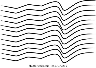 Wavy monochrome background. Line art fluid background. Simple linear halftone texture. Black and white vector background. Abstract dynamic ripple surface. 3D visual effects. Illusion of movement.