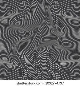 Wavy monochrome linear texture. An abstract relief background with optical illusion of distortion. Vector illustration.