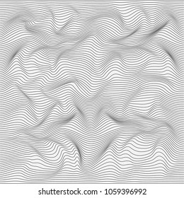 Wavy monochrome linear texture. An abstract relief background with optical illusion of distortion. Vector illustration.