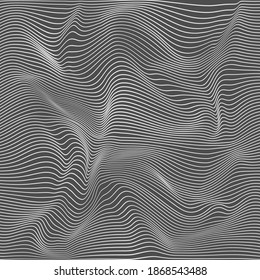 Textura lineal ondulada monocromática. Un fondo abstracto de alivio con ilusión óptica de distorsión. Patrón moderno de gilyoshirovanny. Gráfico vectorial..