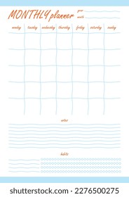 Wavy monthly planner with blue lines and orange font