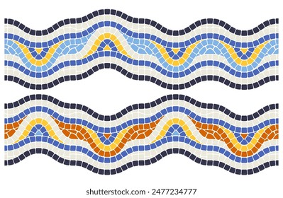 Wellenförmiges Mosaik-Ornament, nahtloses Muster im portugiesischen Stil, Innen- und Außenwellendekor-Linie, Vektorgrafik