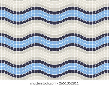Wavy mosaic lines blue and gray, waves tessellation stripe border ornament, seamless stone paving tile pattern in portuguese style, vector